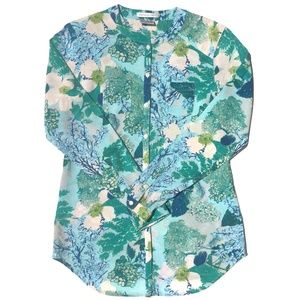 Van Heusen Studio button up shirt blouse XS floral casual Spring blue green